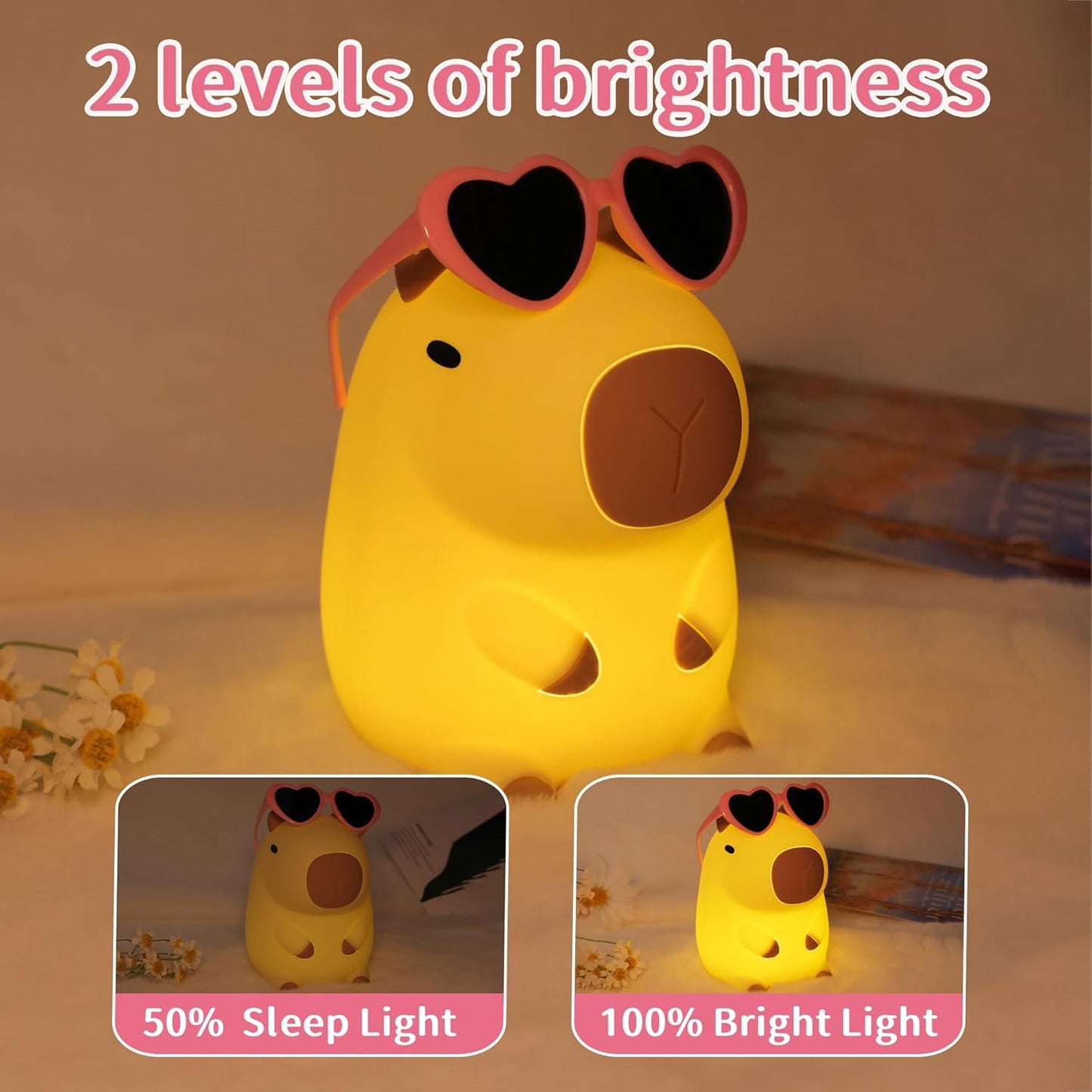 Attivolife Capybara Night Light, Sunglasses Capybara Silicone Lamp for Girls, Touch Nightlight Portable with Dim, Funny Bathroom Table Decor Birthday Xmas Gift for Women Friends（Pink Glasses）