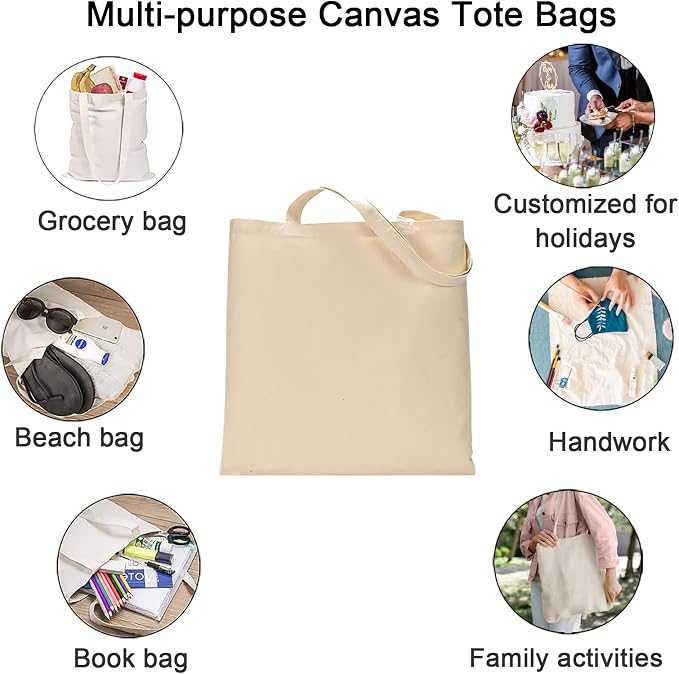 FunisFun 12 Pack Blank Canvas Tote Bags, Reusable Grocery Bag
