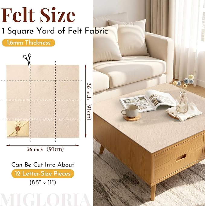 Large Felt Fabric Sheet 36 x 36 Inch, 1.6mm Thick | Soft nonwoven felt
