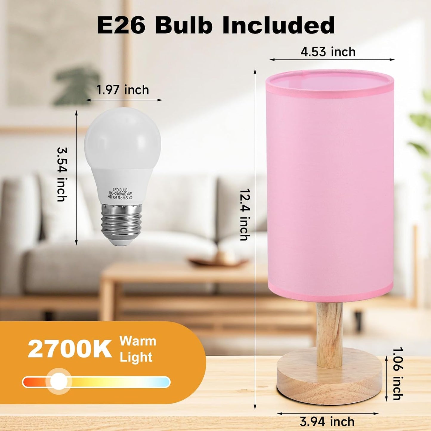 Pink Small Bedside Table Lamp for Bedroom,Natural Round Wood Base&Fabric Linen Shade,Cozy Night Table Light for Study Reading,Minimalist Boho Desk Lamp for Nightstand,Living Room,Nursery,Kitchen,Dorm