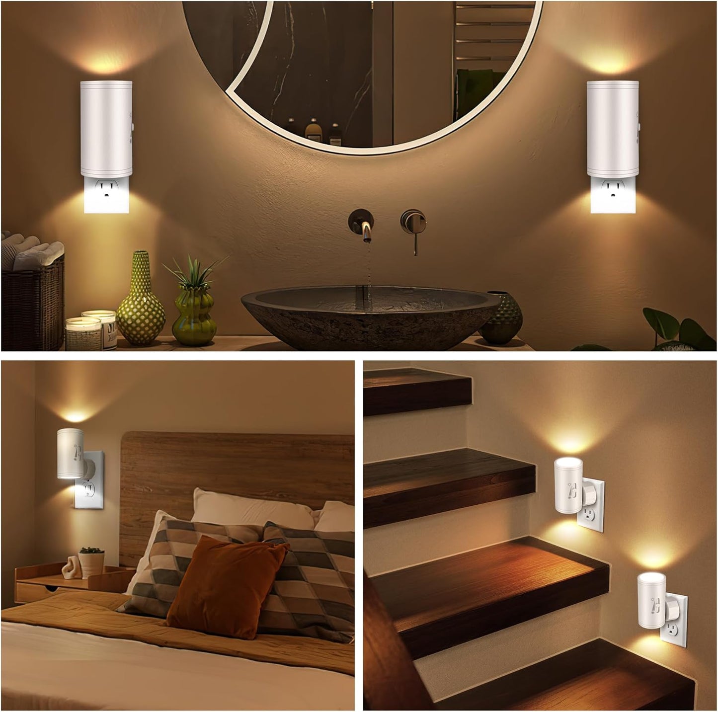 LED Plug-in Wall Night Light with Dimmable 0-300 Lumens, 2700K Warm White, Auto On/Off Light Sensor & Adjustable Head for Hallway, Stairs, Bedroom,2 Pack