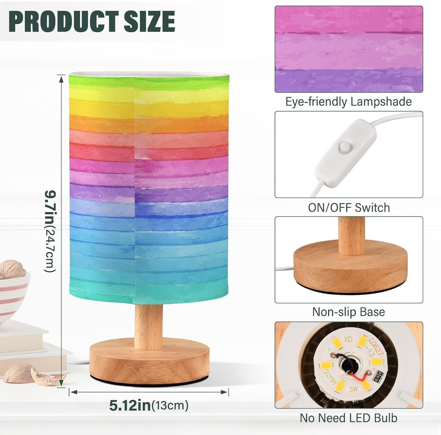 Table Lamp Colorful Striped Watercolor Bright Color Rainbow Print Nightstand Lamp with Wood Base Fabric Lamp Shade Bedside Desk Lamp for Living Room Bedroom Kids Room Office