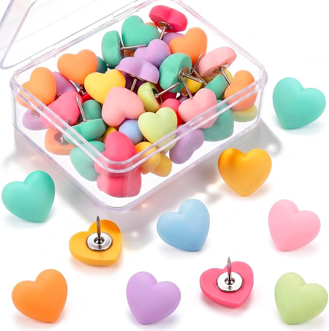 Epakh 30 Pcs Pastel Heart Thumb Tacks Decorative Pastel Heart Push Pins