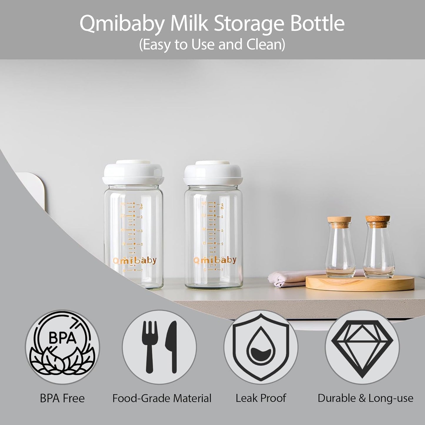 Glass Breastmilk Storage Bottles 180ml 6oz BPA-Free Leak-Proof Natural Baby Bottle for Breastmilk Storage Wide Neck Bottles with Screw Ring Sealing Disk Breastfeeding (Grey, 180ml-4Packs)