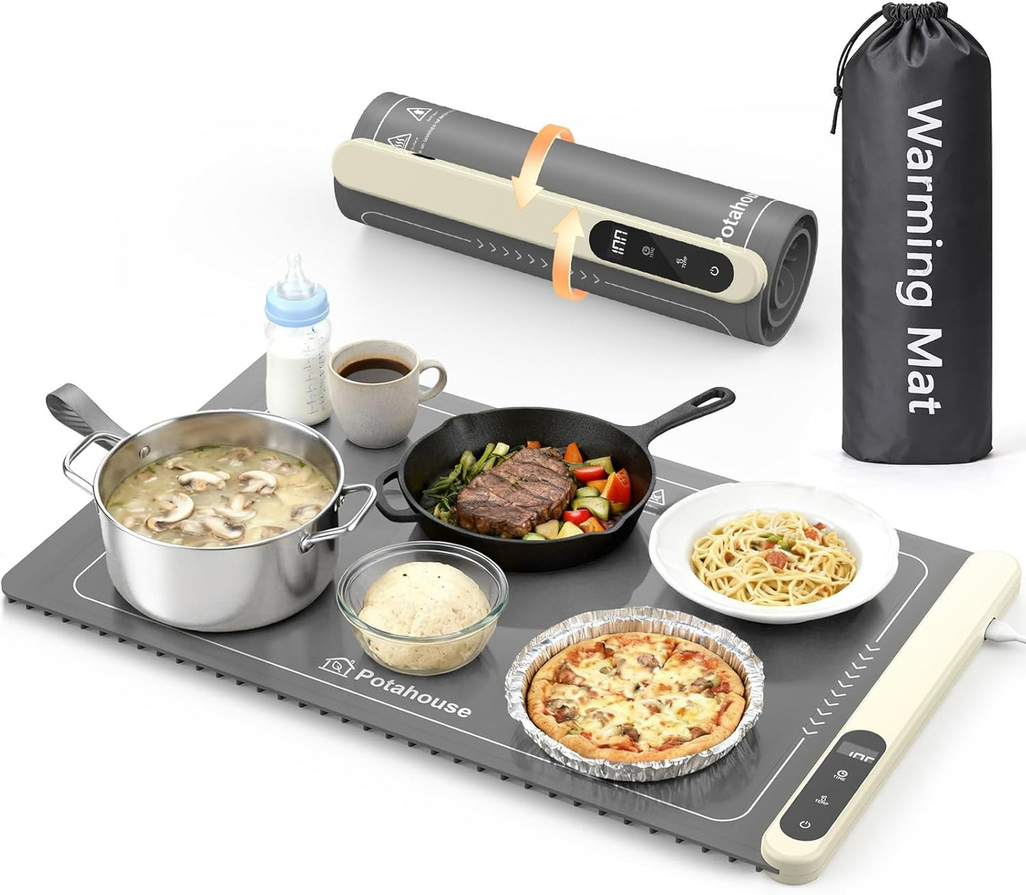 Potahouse® Warming Mat for Food, Graphene Full-Surface Fast Heating, Electric Warming Tray with 6 Temp & Timer Settings, Rollable & Portable Silicone Food Warmer for Parties, Home and Travel, Gray