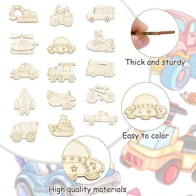 100 pcs Mixed Styles Transportation Theme Undyed Wood Cutout Charms Car Vehicle