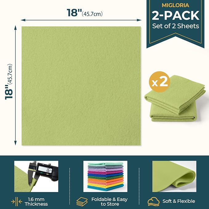 Felt Fabric Sheet 18 x 18 Inch, 1.6mm Thick | Soft and Flexible Nonwoven
