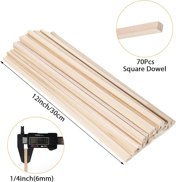 70 Pack Balsa Wood Sticks 1/4" X 12" Square Dowel Rods