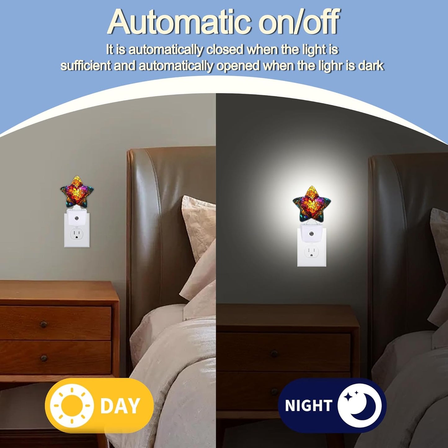 Love Heart Stained Glass Night Lights Plug Into Wall,Abstract Star Night Light for Kids,Nightlight with Dusk to Dawn Smart Sensor for Bedroom Bathroom Decor,Children Women Men Gift
