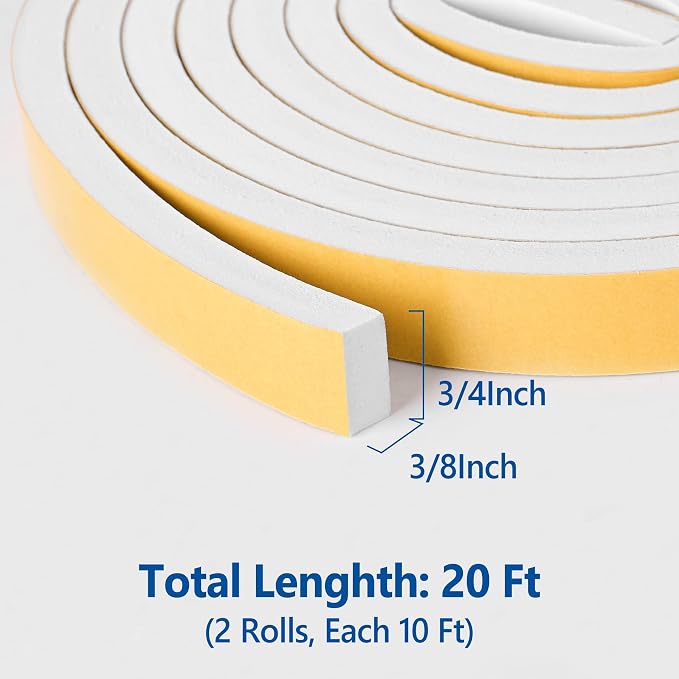 Kikerike Self Adhesive Foam Tape Weatherstrip 3/4in x 3/8in x 20Ft High Density