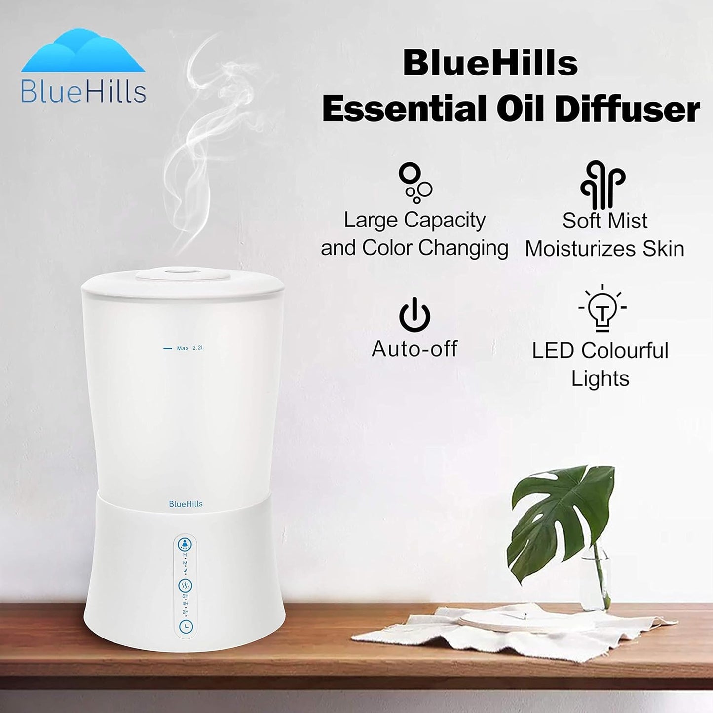 BlueHills Large 2000 ML XL Essential Oil Diffuser Premium Aromatherapy Humidifier for Big Room Home Long Run Extra Large Capacity for Huge Area 2 Liter 2L Color Changing Lights Cool High Mist White-S1
