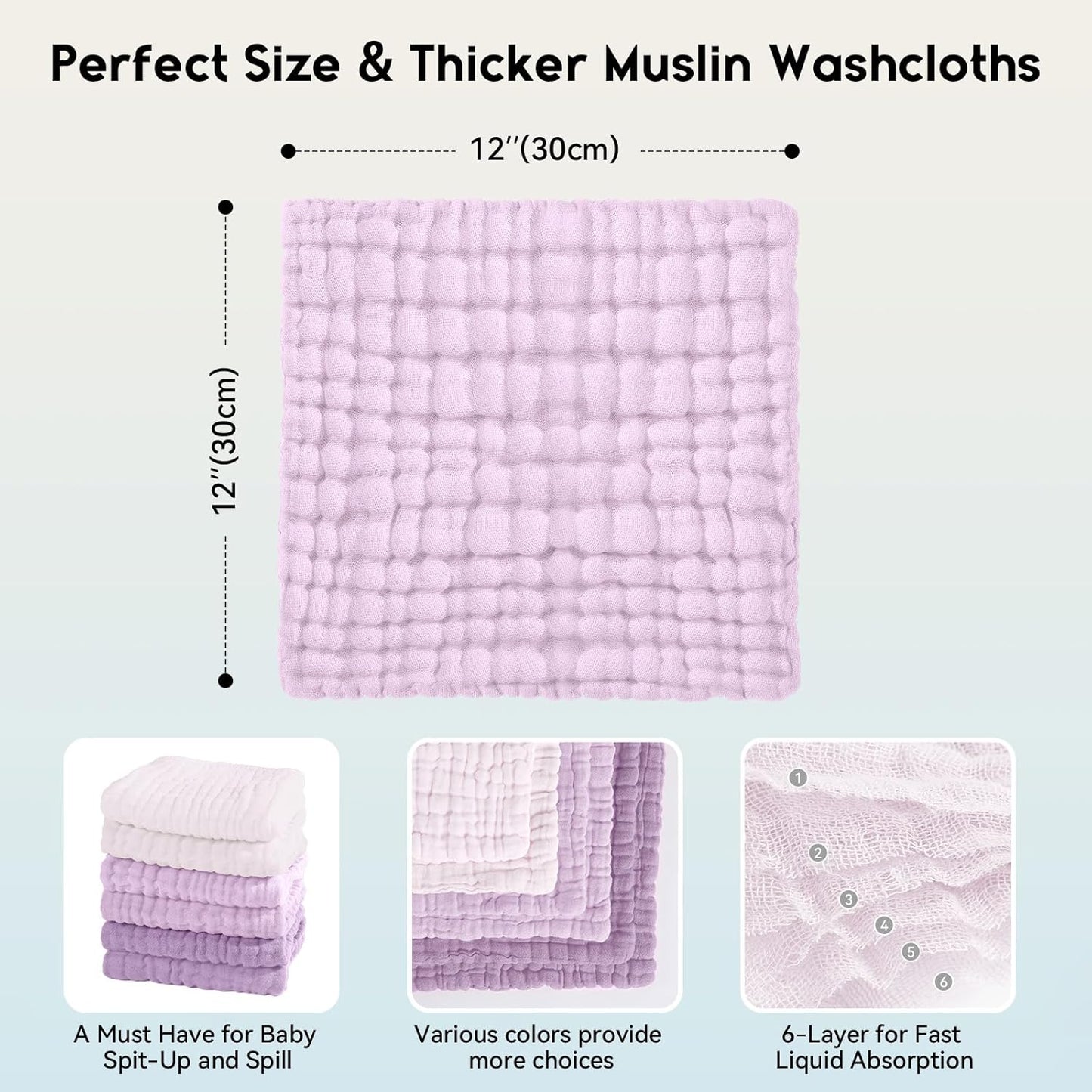 Muslin Baby Washcloths 6 Pack, 100% Cotton Wash Cloths for Babies, Large 12''X12'' Burp Cloths Absorbent and Soft for Newborn Infants Kids Boys Girls - Gradient Purple