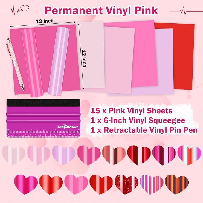 TECKWRAP Pink Permanent Vinyl Sheets – 12" x 12" 16 Assorted Colors