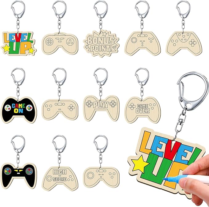 RattanView 24 Pcs Video Game Craft Color Your Own Keychains DIY Craft Wooden