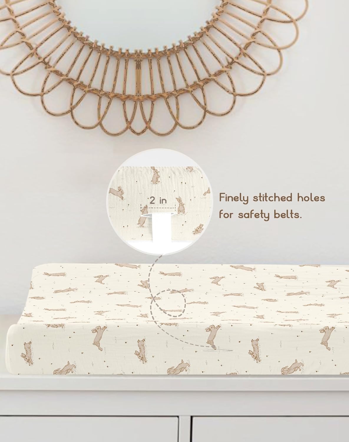 Changing Pad Cover for Baby Boy Girl 2 Pack, Muslin Changing Table Pad Covers with Boho Style, Neutral Nursery Bedding Essentials Soft and Breathable (Hopping Bunnies & Beige)