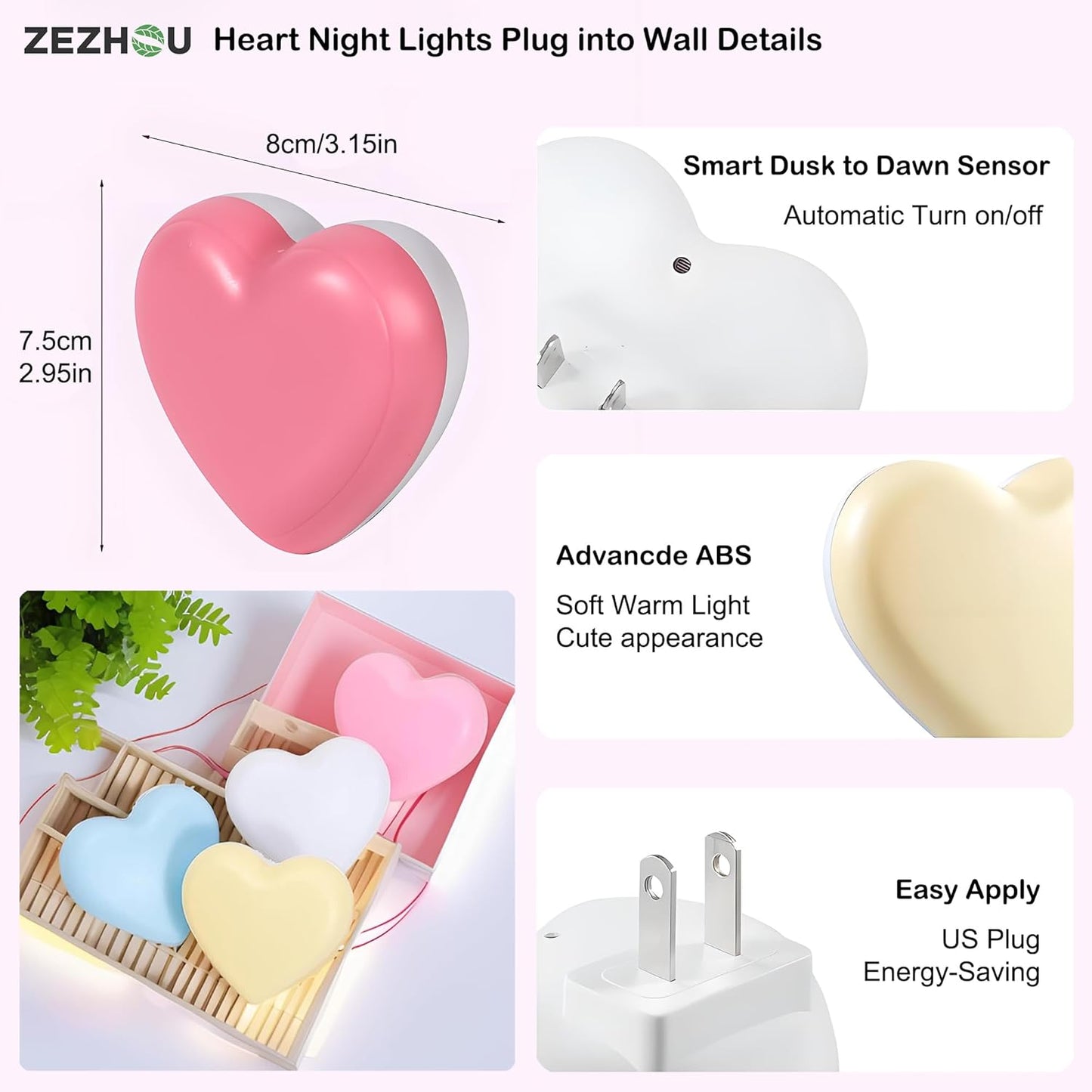 Night Lights Plug into Wall - Heart LED Night Light for Kids, Cute Nightlight Plug in with Auto On/Off Dusk to Dawn Sensor, Soft Warm Lamp for Bedroom, Nursery, Living Room, Bathroom, Hallway, Pink