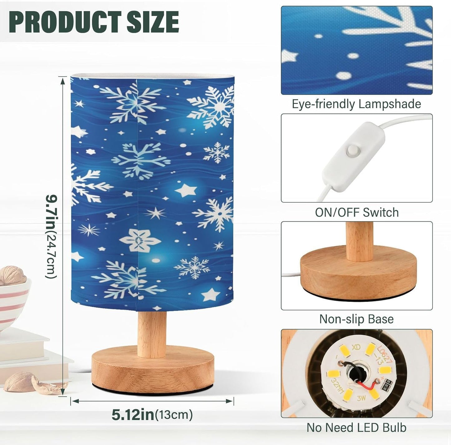 Blue Christmas Snowflakes Stars Table Lamp Bedroom Bedside Night Reading Desk Lamps Cylinder Nightstand Sleeping Light Lamp for Xmas Party Living Room Office Decor