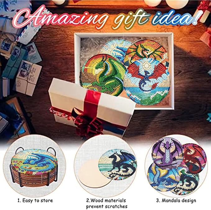 Zythron 8 Pack Diamond Art Coasters, Dragon Diamond Painting Coasters Kits |