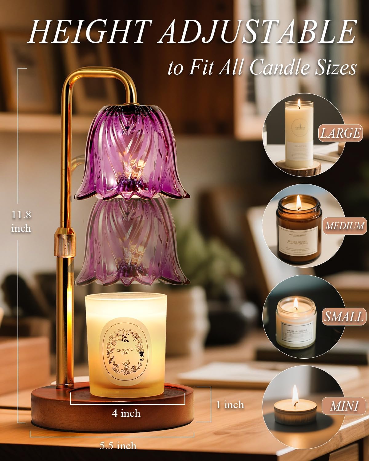 Flower Candle Warmer Lamp with Timer Dimmable, Candle Warming Lamp Height Adjustable, Christmas Gifts for Women Mom, Wax Melt Warmer for Jar Candles, House Warming Gifts New Home Decor