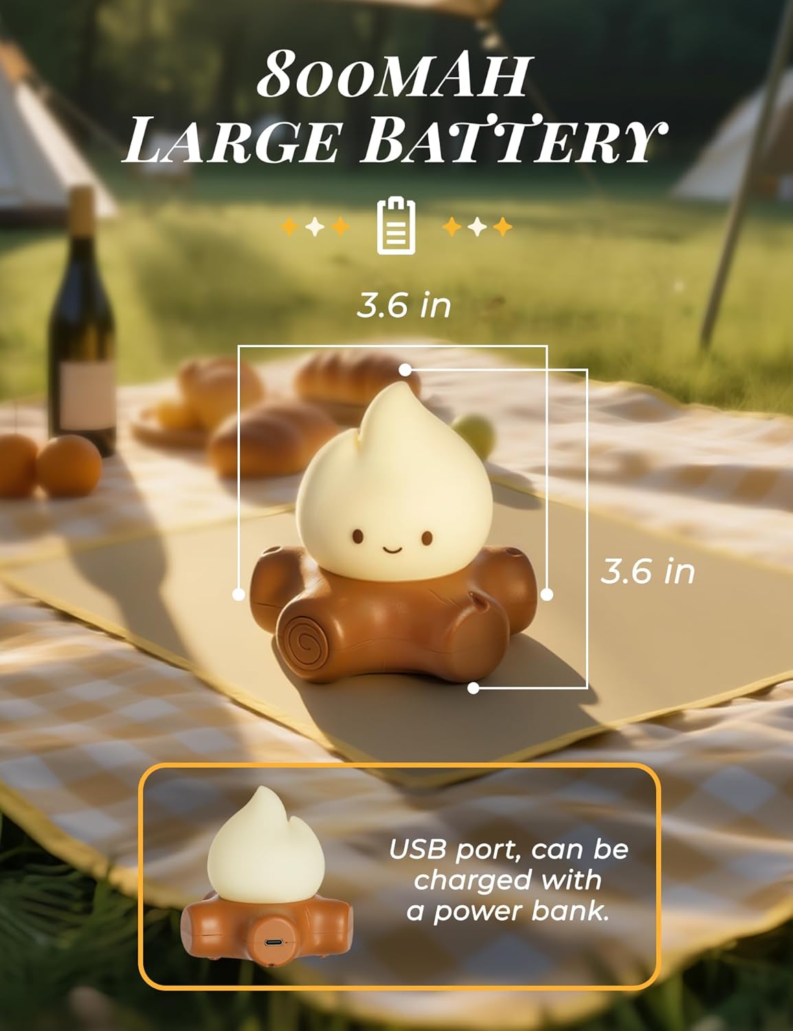 Chibi Campfire Night Light, Silicone, LED Light up Flame Lights, Dimmable, Rechargeable Bedside Nightlight, Baby Nursery Dorm Kawaii Lamp Décor