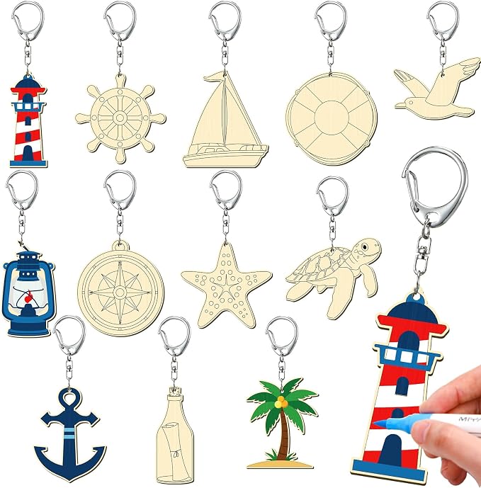 RattanView 24 Pcs Nautical Craft Color Your Own Keychains DIY Craft Wooden