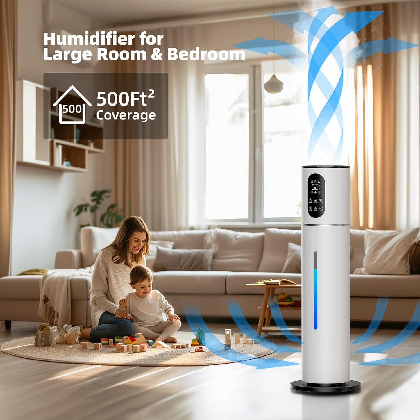 8L Smart Humidifier Large Room,2.1Gal humidifier for bedroom with Timer, 360°Nozzle, Top Fill Whole House Cool Mist Quiet Humidifiers for Plants Baby Kids Adults Office (White)