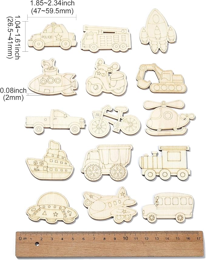 100 pcs Mixed Styles Transportation Theme Undyed Wood Cutout Charms Car Vehicle
