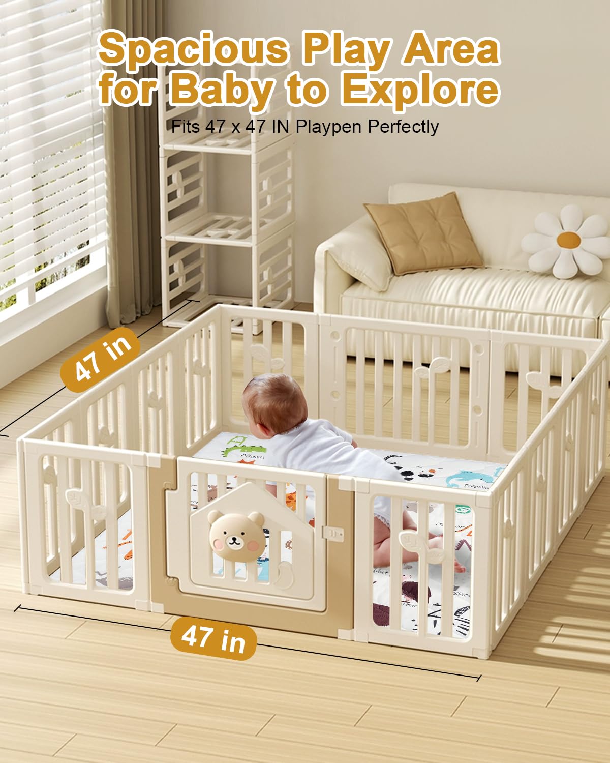 Premium Foam Baby Play Mat 47" x 47" – Removable & Machine Washable Cover, Extra Thick Padding Playpen Mat, Non-Slip Crawling Mat, Easy to Clean for Infants, Toddlers & Babies
