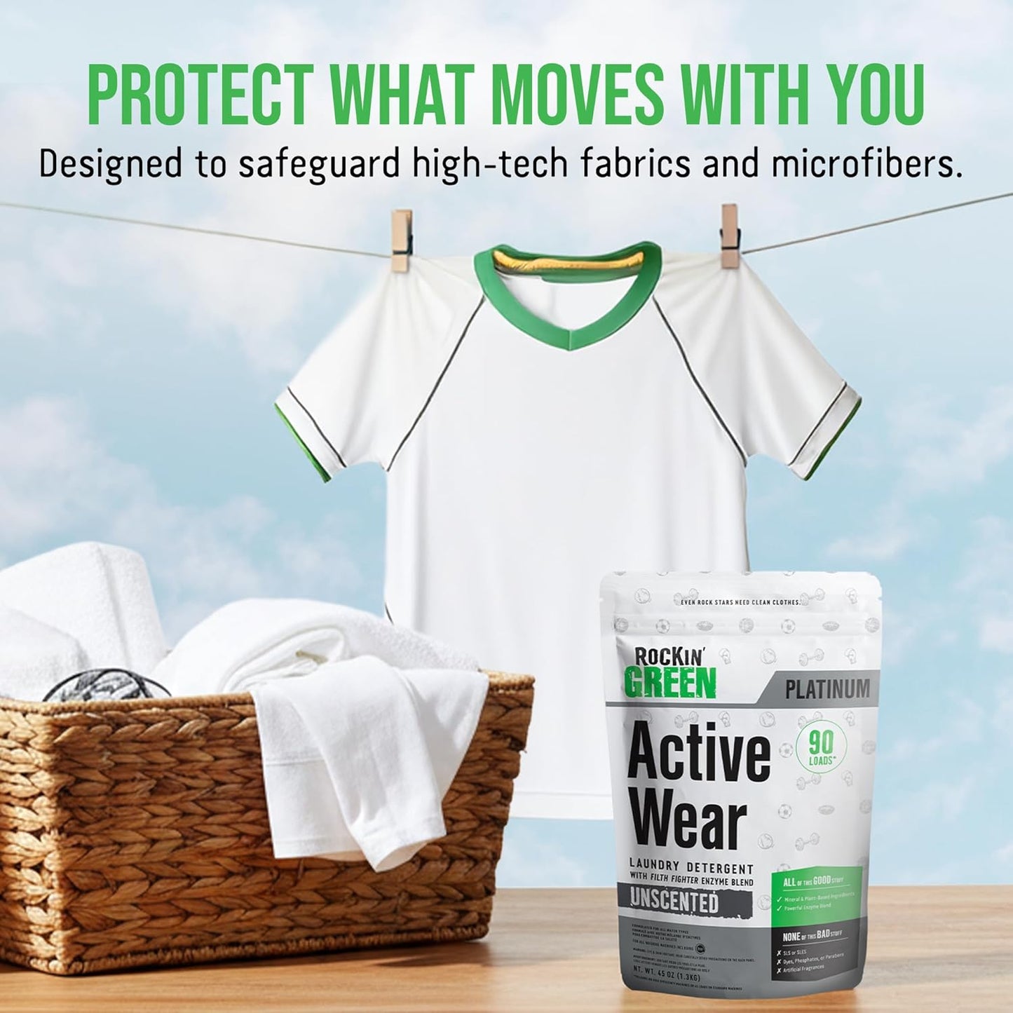 Rockin’ Green Active Wear Laundry Detergent - Unscented Laundry Detergent Powder & Odor Eliminator - Workout Clothes & Sportswear - Safe for Sensitive Skin - 90 Loads