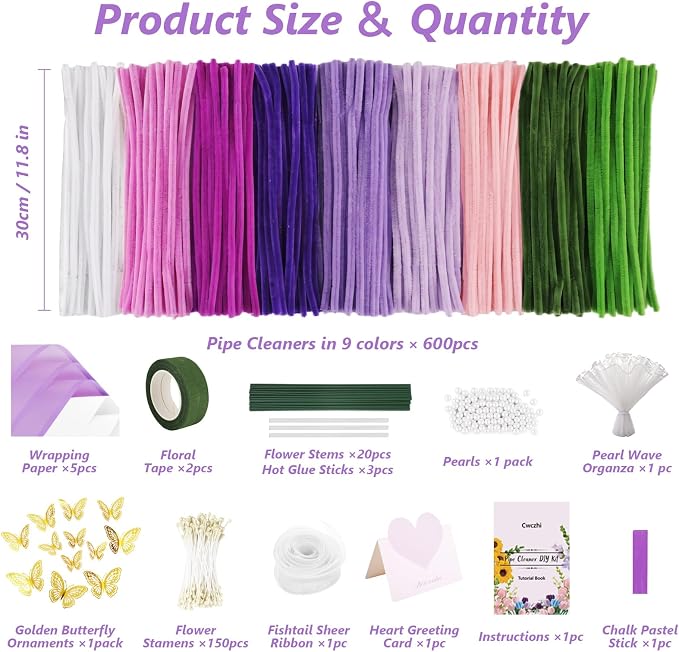Cwczhi 600 PCS Pipe Cleaners Craft, 9 Colors Purple Pipe Cleaner Flower Kit |