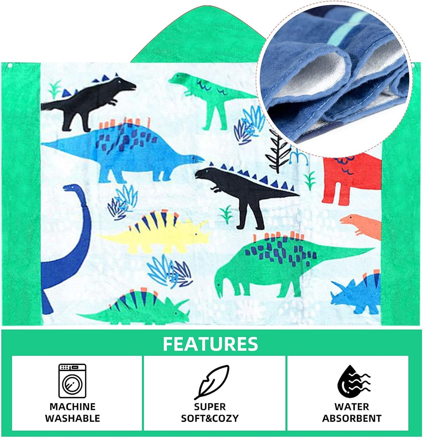 BANGSAUR Kids Hooded Bath Beach Towel, 100% Cotton 50"x30" Wrap, Toddlers Girls Boys 3-12 Years Coverup(Dinosaurs)