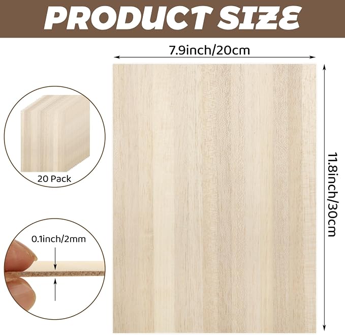 CertBuy 20 Pack Balsa Wood Sheet 8"x12", 2 mm Thin Natural Unfinished Wood