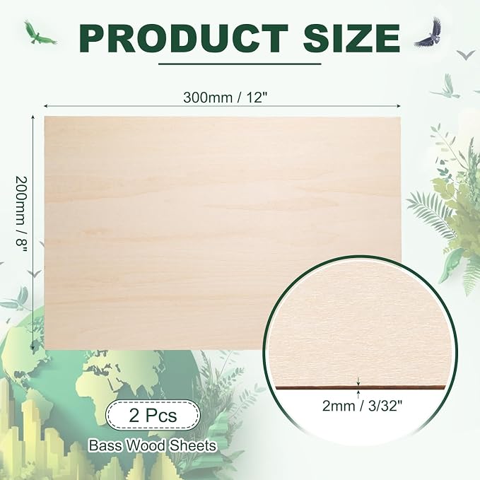 HARFINGTON 2pcs 2mm Basswood Plywood Sheets 12" x 8" x 3/32" Thin Unfinished
