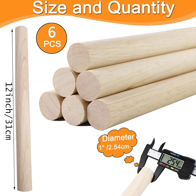 Yaliuliu 6PCS Dowel Rods Wood Sticks, 1x12 Inch Unfinished Round Wooden