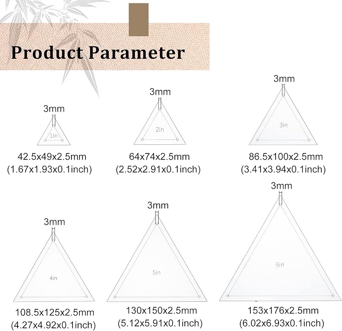 BENECREAT 6Pcs Free Motion Triangle Quilting Template Set, Acrylic Transparent