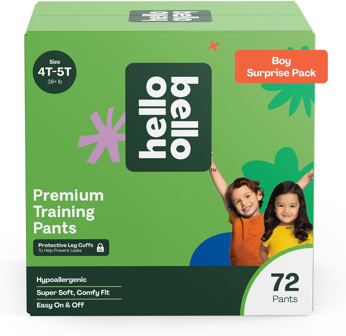 Hello Bello Premium Training Pants, Size 4T-5T (38+ lbs) Surprise Pack - 72 Count, Hypoallergenic with Soft, Cloth-Like Feel - Assorted Patterns for Boys