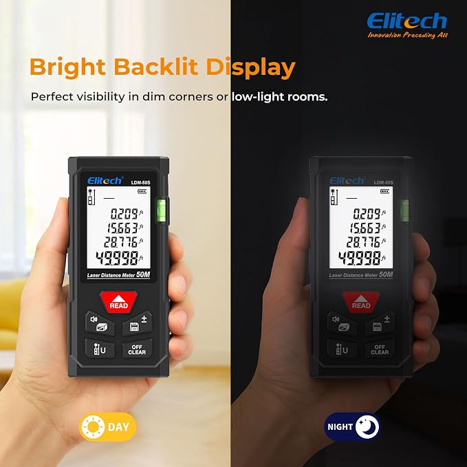 Elitech Laser Tape Measure, 165ft Laser Distance Meter