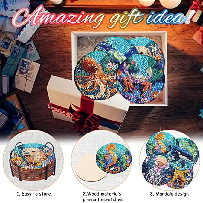 8 Pack Diamond Art Coasters, Ocean animal Diamond Painting Coasters Kits |