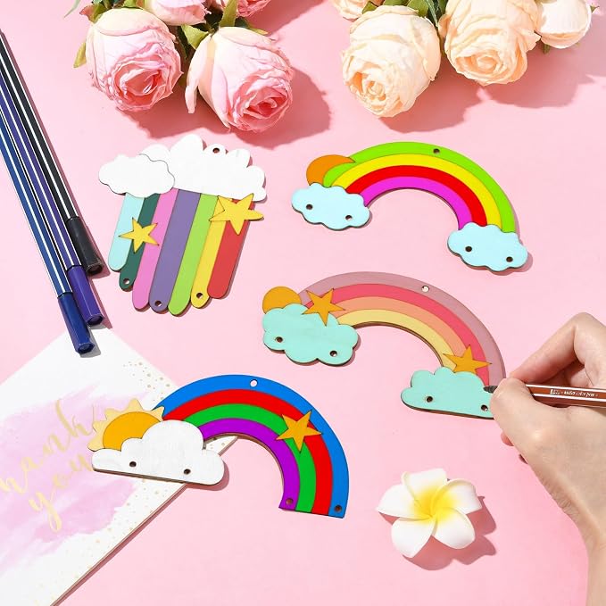 40 Pcs 4 Styles Unfinished Wood Rainbow Cutouts Wooden Rainbow Charms