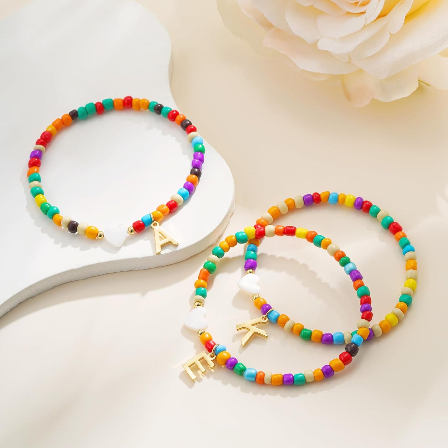 Christmas Gifts for Grandkids Teens Girls - Cute Beaded Heart Initial Bracelets for Women Teen Girl Trendy Stuff, Birthday Gifts Stocking Stuffers for Teen Girls Women Jewelry