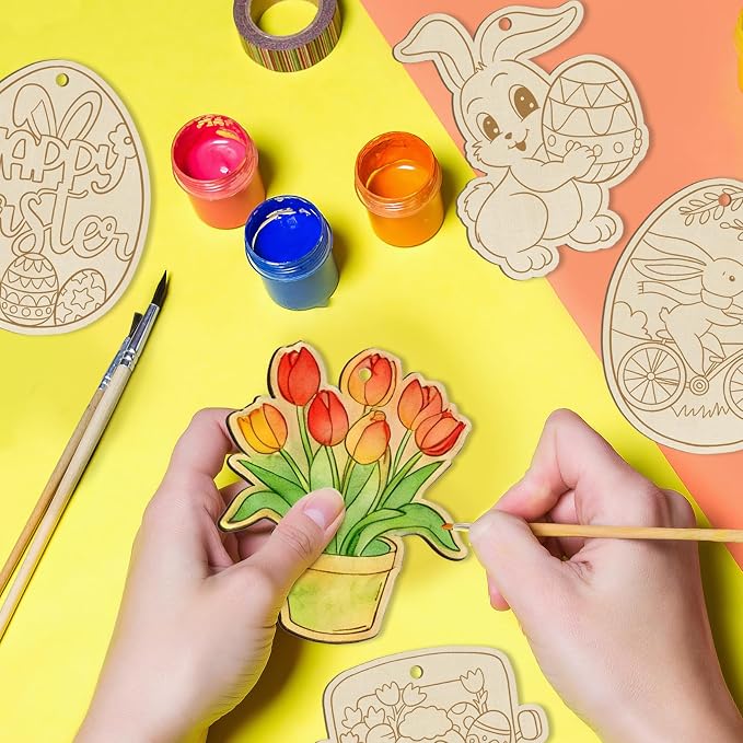 36PCS Wooden Easter Ornaments to Paint, 6 Styles DIY Blank Unfinished Wood Egg