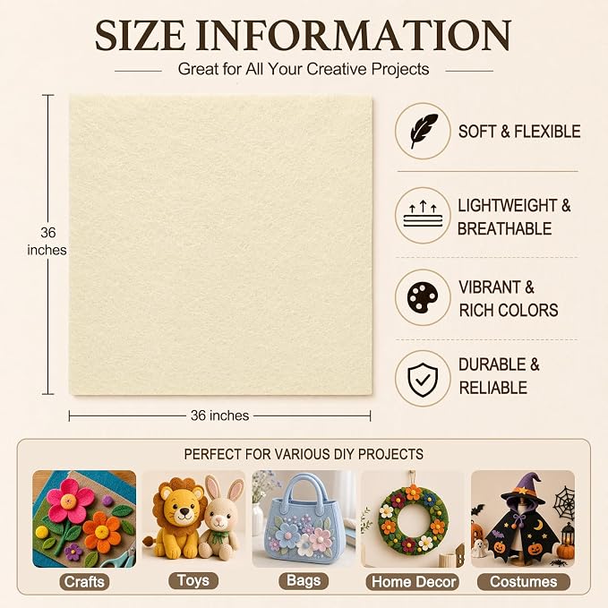 Ivory Large Felt Fabric 36" x 36", 1.4 mm Soft Felt Sheet, Nonwoven Fabric