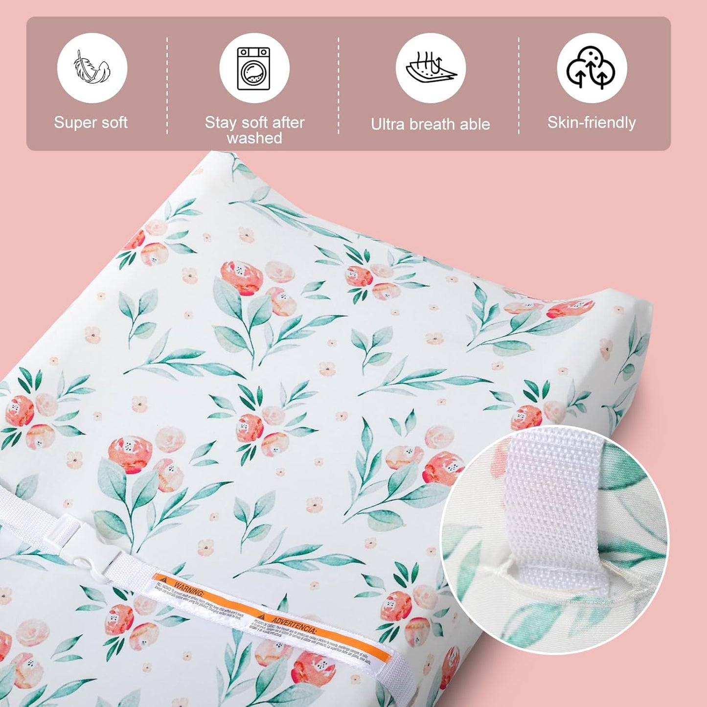 Changing Table Pad Cover Elastic Changing Pad Cover Premium Baby Changing Pad Cover 2 Pack for Boys Girls Soft Comfortable and Secure (Pink Flower)