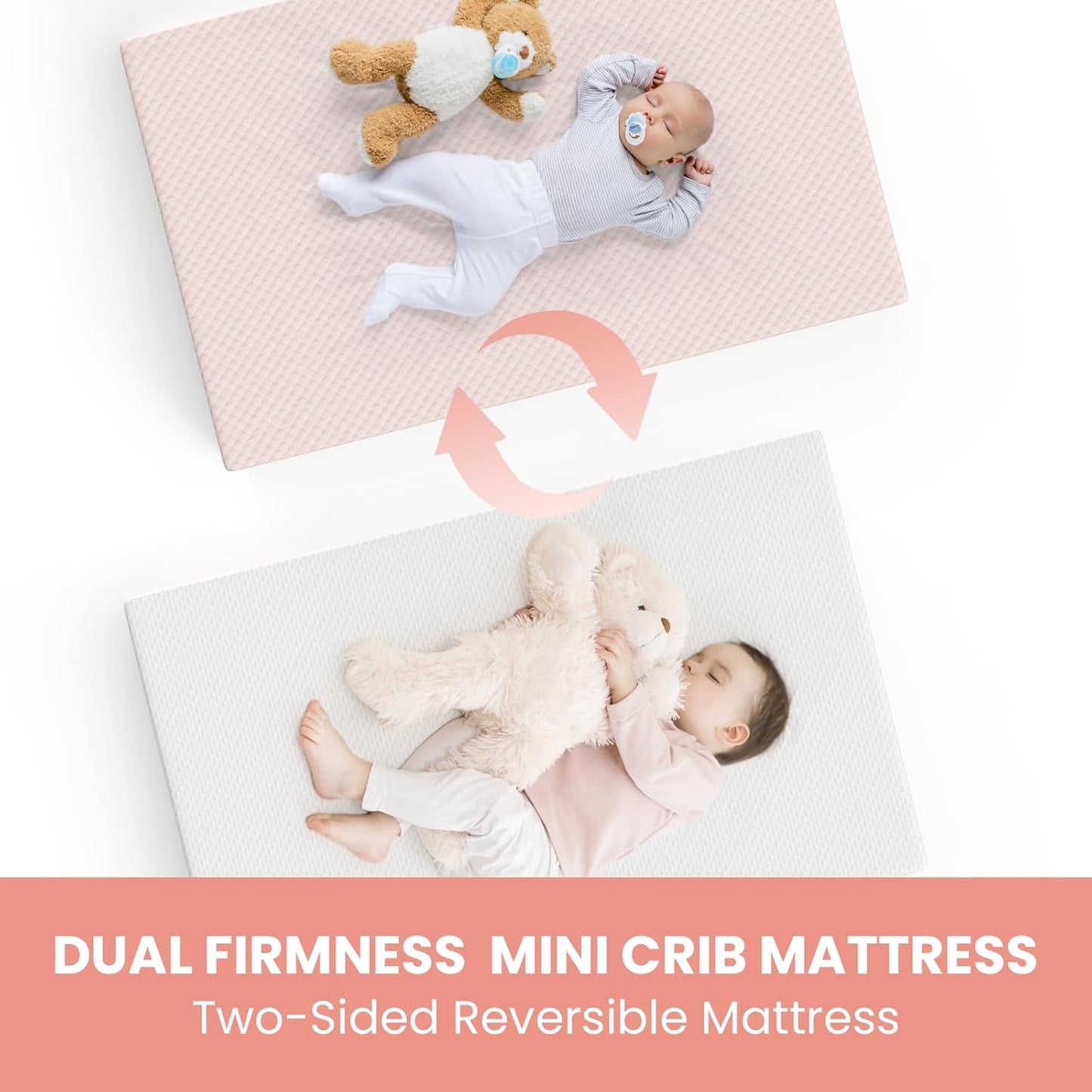 Mini Crib Mattress, 38x24X4 Inch Dual Sided Comfort Gel Memory Foam, Breathable Premium Baby Mattress for Mini and Portable Cribs w/Removable Outer Cover - White&Pink