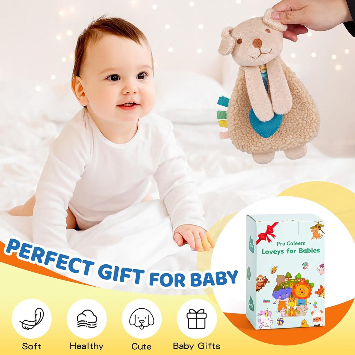 Pro Goleem Dog Loveys for Babies Girl and Boy, Baby Lovey with Teether, Baby Toys 0 3 6 9 12 Months, Safety Teething Toys for Babies Infant Newborn and Toddler Baby Gifts