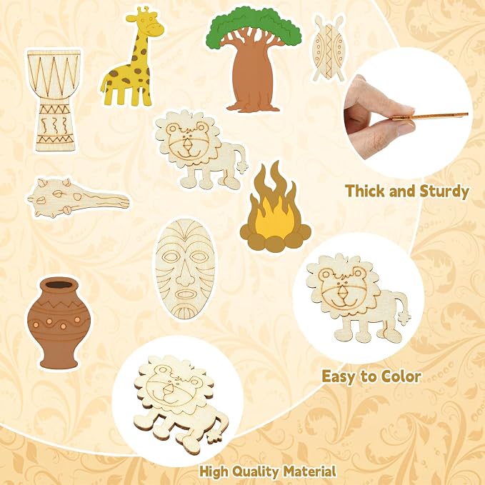 100 pcs Mixed Styles Grassland Animal Theme Unfinished Wooden Cutout Charms