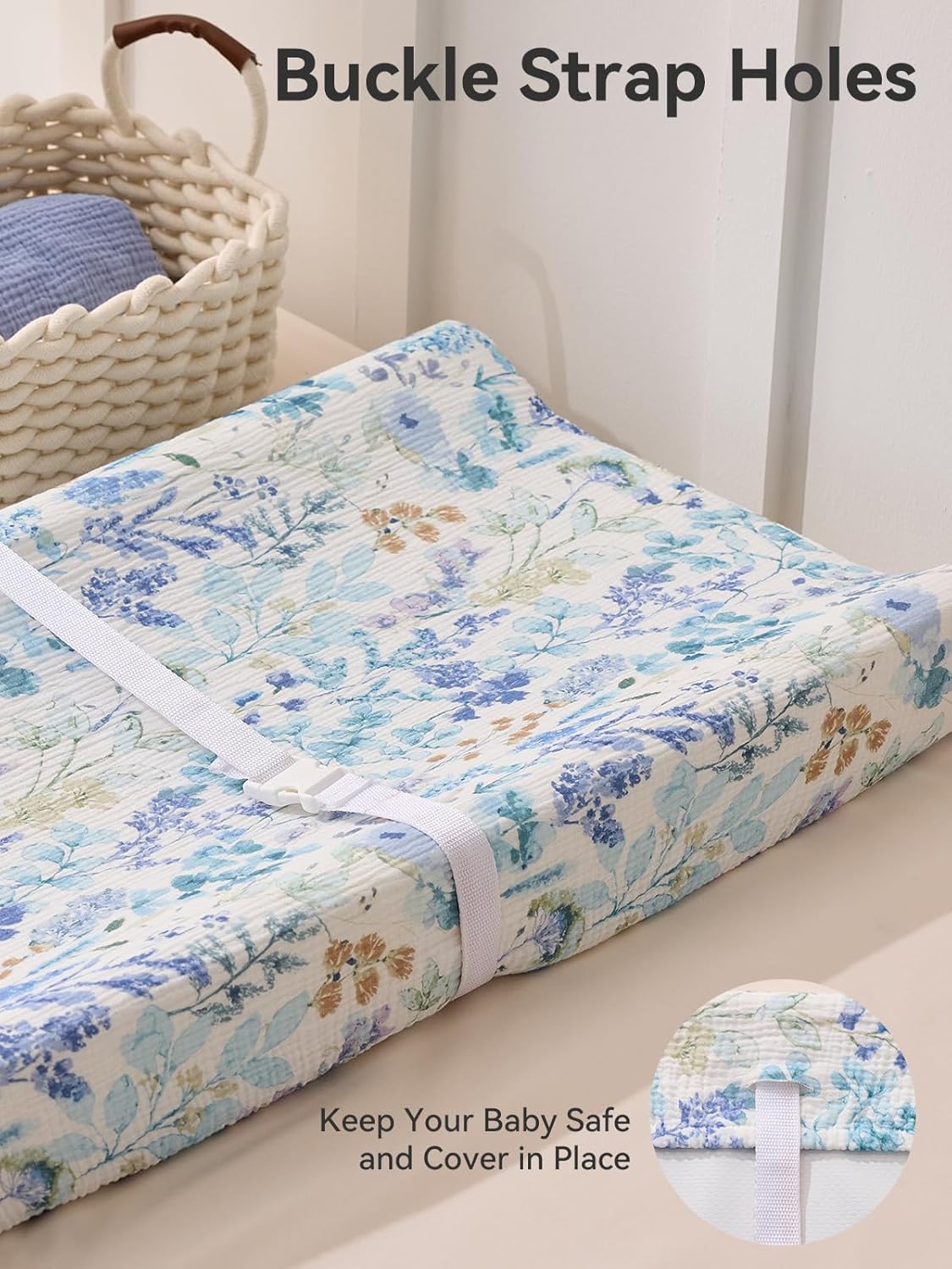 TILLYOU Muslin Changing Pad Cover for Baby Girls Boys, Soft and Breathable Cotton Diaper Changing Table Cover, 2 Pack(Blue Flower)