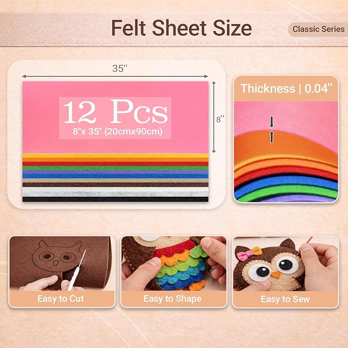 12 Rolls Large Stiff Felt Sheets 8"x35" Felt Fabric Bundle Pack Rainbow