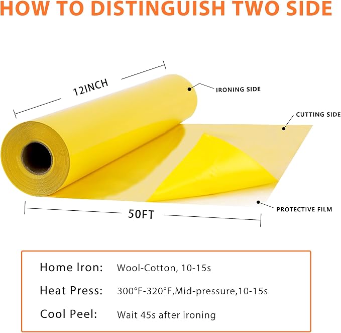 RENLITONG Yellow Iron on Vinyl 12Inch by 50ft Roll Heat Transfer Vinyl