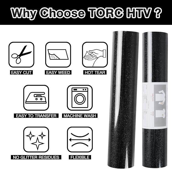 TORC Black Glitter HTV Heat Transfer Vinyl Roll 12 inch x 20 ft Iron on Vinyl